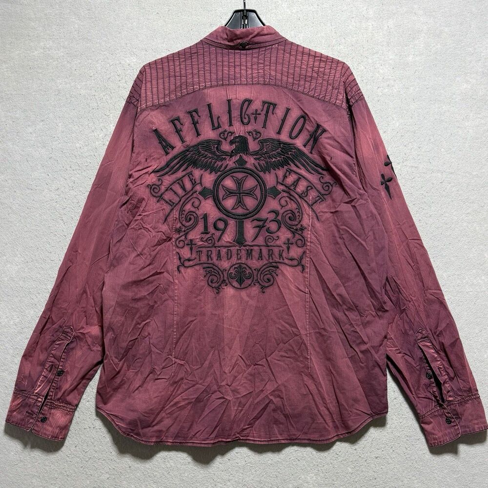 Affliction Long Sleeve Shirt Live Fast Embroidered Men’s 2XL Burgundy Grunge
